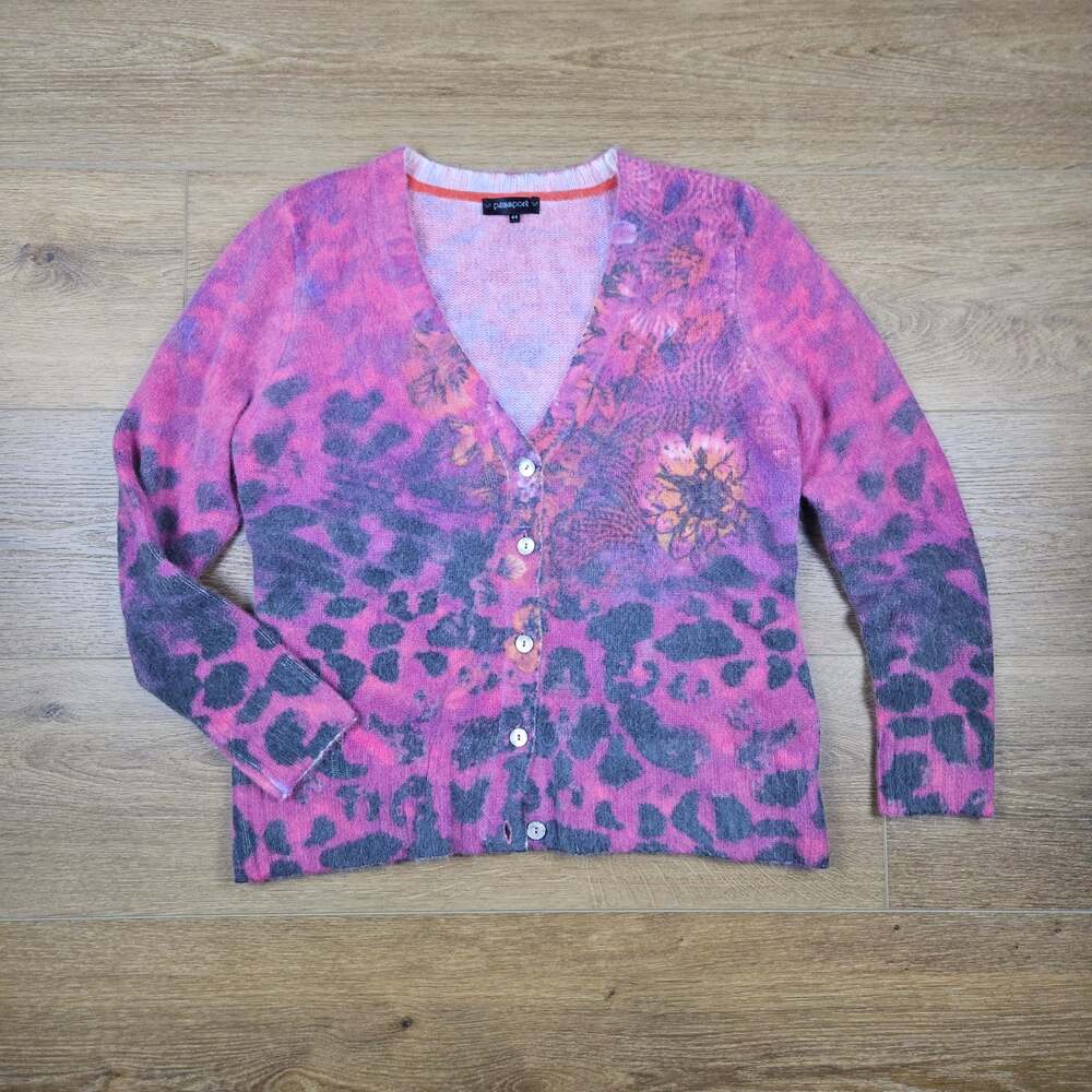 Passport Angora Lambswool Fuzzy Leopard Floral Cardigan Sweater Pink EU 44 US L